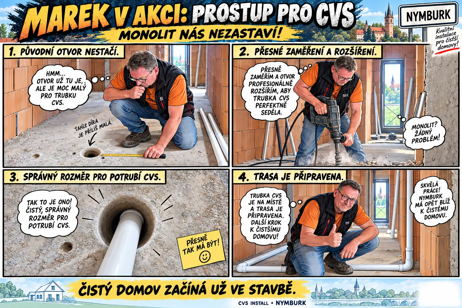 Komiks Marek v akci: rozšíření prostupu monolitickým stropem pro potrubí CVS v Nymburce.