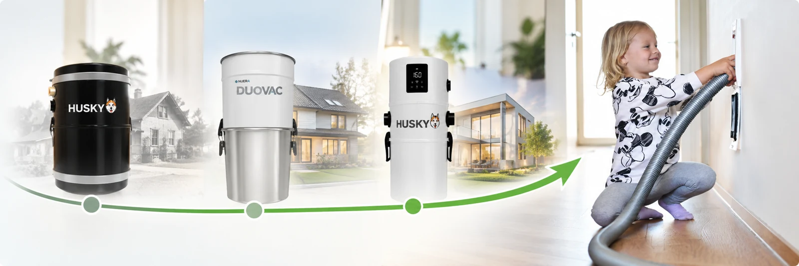 Ilustrační přehled: starší černý HUSKY, DUOVAC, moderní HUSKY VISION a používání hadice ve zdi